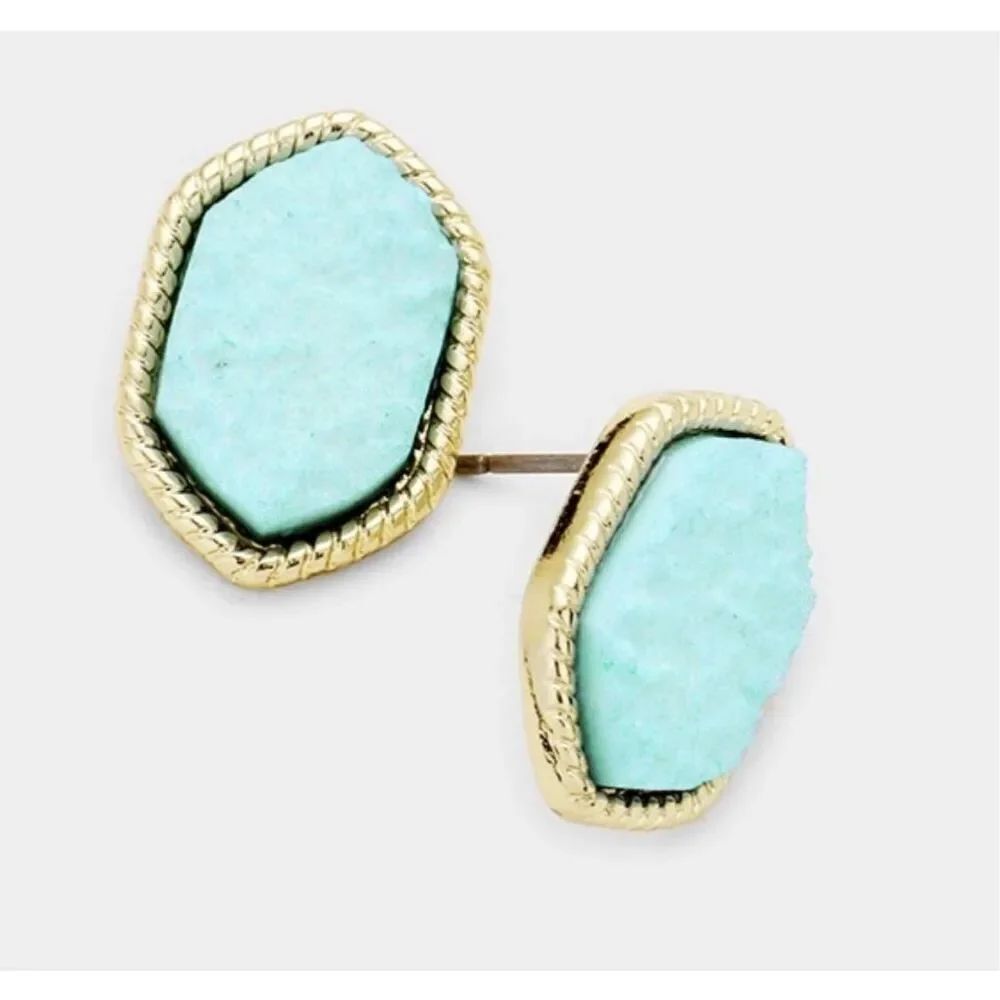 Brand New Womens Genuine Druzy Hexagon Earrings in Mint Green